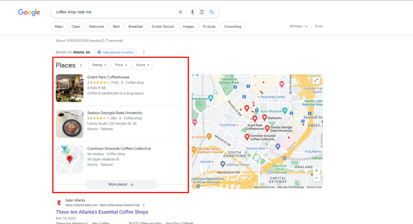 Local Pack SEO coffee shop near me example